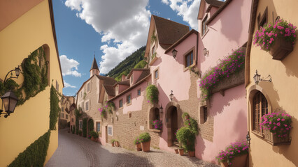 Obraz premium Riquewihr - illusion, European village, historic architecture, colorful buildings, cobblestone street, flowers, old town, charming houses, scenic street, picturesque