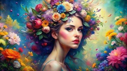 Ethereal model surrounded by vibrant flowers and abstract brushstrokes, exuding creativity and elegance in a whimsical fusion of beauty and art.