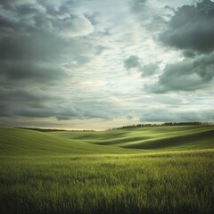 Obraz premium A field of green grass under a cloudy sky, where the interplay of light and shadow creates a tranquil and introspective scene