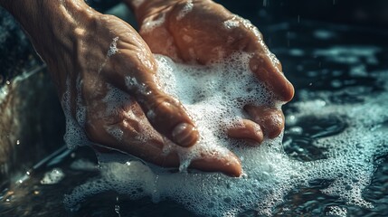 Fototapeta premium Close-up of hands cupping water with foam.