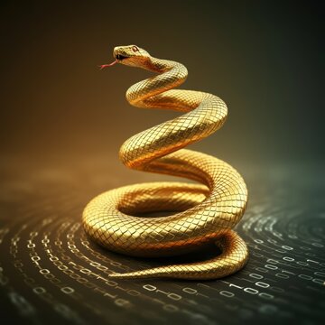 A golden snake intertwined with binary code, symbolizing Python programming and coding.