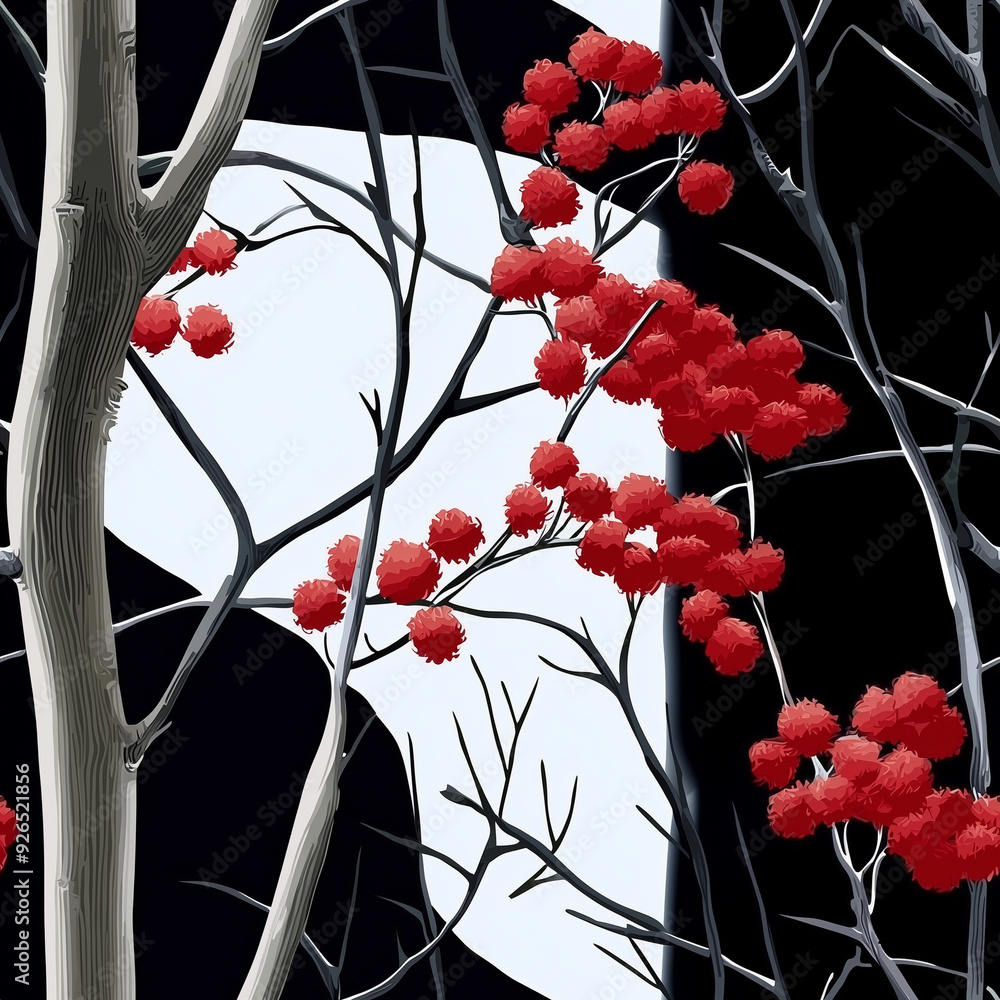 Poster seamless pattern red berries on bare branches with black and white background