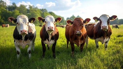 A group of cattle in a green pasture, captured in a concept banner format, illustrating the livestock agriculture industry with a focus on rural life and farming.