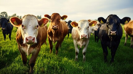 A group of cattle in a green pasture, captured in a concept banner format, illustrating the livestock agriculture industry with a focus on rural life and farming.