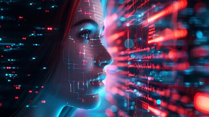 AI-driven speech recognition technology transcribing live conversations, with real-time visualizations of text and audio waveforms on holographic screens. Created Using: advanced NLP technology,