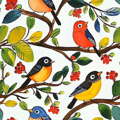 Seamless pattern Birds Perched on Branches with Colorful Leaves