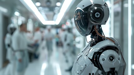Fototapeta premium AI-integrated robots providing medical assistance in a futuristic hospital, interacting with patients and medical staff. Created Using: realistic rendering, high detail, advanced medical technology,