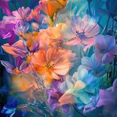 A mesmerizing display of ethereal flowers in vivid colors, where delicate petals blend seamlessly into a dreamlike composition