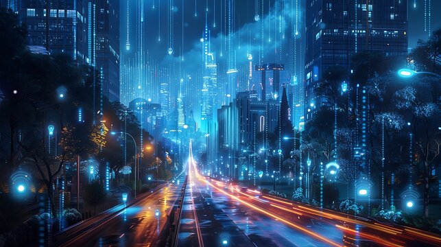 AI-powered environmental sensors placed throughout a city, collecting data to predict and mitigate climate impacts, visualized with holographic data streams. Created Using: advanced AI technology,