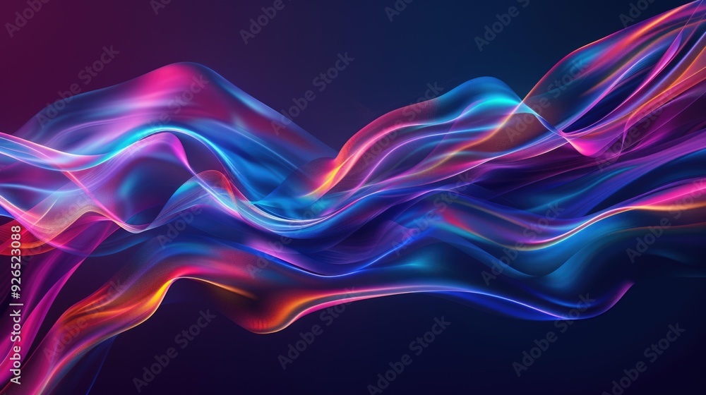 Poster dynamic neon waves flowing across a dark background, creating a sense of motion and energy.