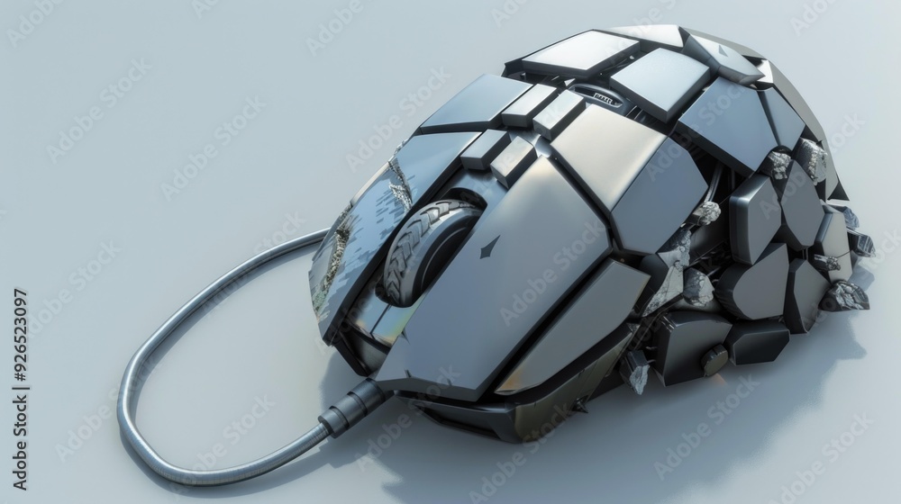 Poster futuristic computer mouse with a metallic shell design, featuring a sleek and modern appearance.