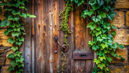 Rustic wooden door with worn metal doorknob and vines crawling up the wall, evoking a sense of nostalgia and abandonment in a rural setting.