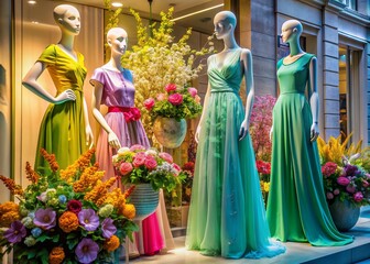 Obraz premium Vibrant floral arrangements and pastel-hued mannequins adorned with flowing dresses and statement accessories fill a chic boutique window, heralding the arrival of spring fashion.