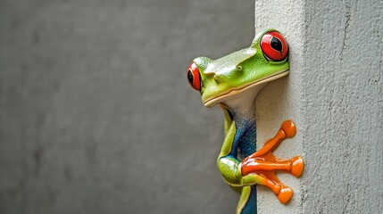 Colorful frog peeking around corner