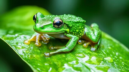 Obraz premium emerald green frog perched on glistening wet leaf vibrant amphibian wildlife closeup photo