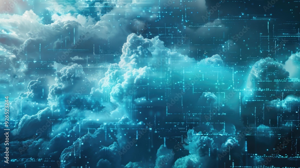 Poster digital data streams forming in a blue cloudscape, representing the concept of cloud computing.