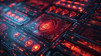 Fototapeta premium AI-powered security system visualizing threat detection and prevention, with glowing data streams and real-time network analysis in a high-tech environment.