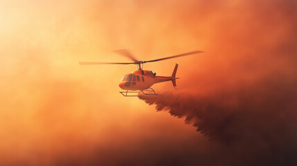 Obraz premium Helicopter releasing water over a forest fire, surrounded by thick orange smoke, close-up view