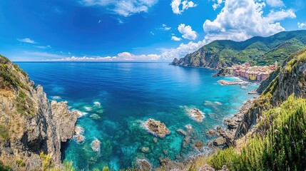 Obraz premium A panoramic view of Cinque Terre dramatic coastal landscape, with its picturesque villages and clear waters below.