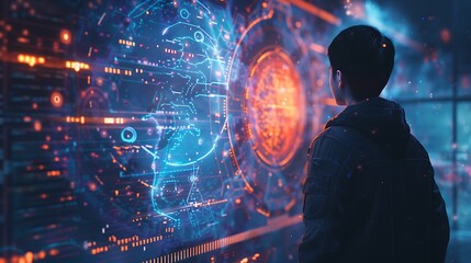 Fototapeta premium An AI tutor guiding a student through personalized learning modules on a holographic screen, set in a futuristic virtual classroom with dynamic lighting.