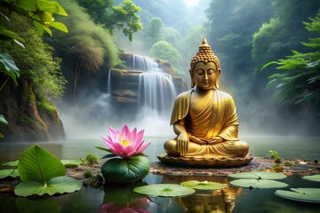 Serenity abounds as a majestic golden Buddha statue sits peacefully on a delicate lotus flower, surrounded by lush greenery and subtle water mist.