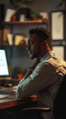Obraz premium Stressed Professional Experiencing Neck Pain While Working Late in a Home Office Environment