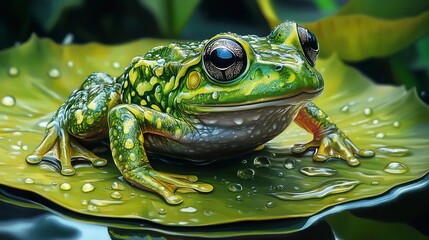 Obraz premium Green amphibian with bulging eyes perches on lily pad, water droplets glistening on vibrant skin
