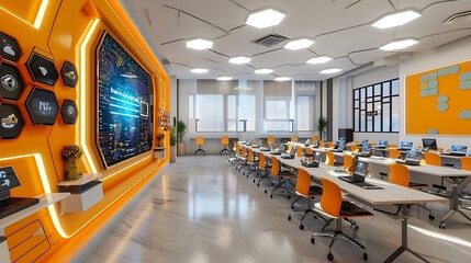 Fototapeta premium An AI-driven virtual classroom with students learning through interactive holographic displays, showcasing personalized lesson plans and real-time feedback. Created Using: futuristic classroom design,