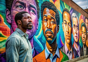 A contemplative African American man gazes at a vibrant graffiti mural honoring victims of systemic inequality, demanding justice and equality for marginalized communities.