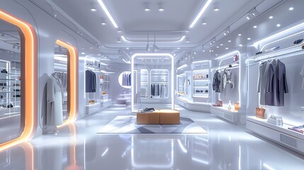 An AI-driven retail store with smart mirrors offering personalized fashion advice and recommendations based on real-time data analysis. Created Using: high-tech retail design, photorealistic style,