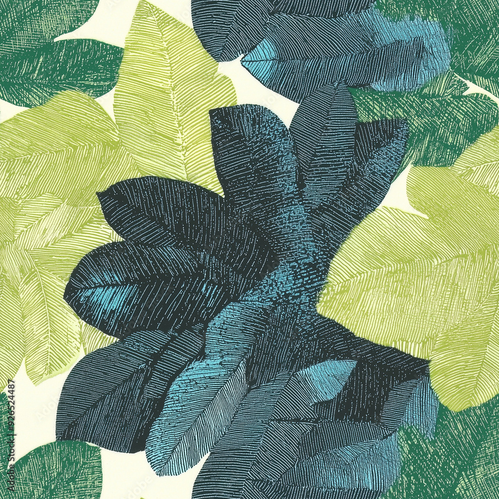 Poster seamless pattern pattern of blue and green leaves on a checkered background