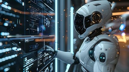 Fototapeta premium An AI-powered robot assisting astronauts on a space station, analyzing data from satellites and displaying holographic interfaces in a futuristic space environment.