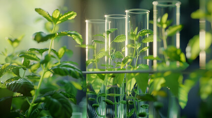 Many green plants in test tubes