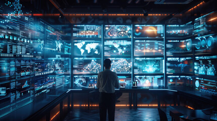 Man in a control room with multiple digital screens displaying data and world maps. Concepts of technology, data analysis, and global monitoring.