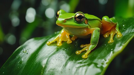 Fototapeta premium vibrant green flying frog perched on lush leaf in rainforest exotic amphibian wildlife closeup