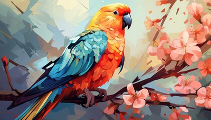 Fototapeta premium A parakeet chirping melodiously flat design top view garden theme water color Triadic Color Scheme