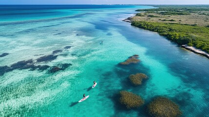 Fototapeta premium A serene aerial view of Bacalar Lagoon, with people paddleboarding among stromatolites in Bacalar, Mexico.