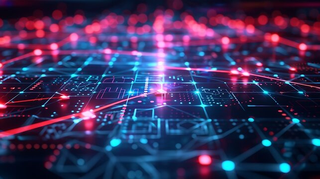 An array of machine learning algorithms represented by interconnected nodes and algorithm icons, set against a high-tech, dark-themed background. Created Using: digital illustration, vibrant colors,