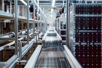 Obraz premium Solar Panel Production. Automated conveyor system in a solar panel manufacturing plant, showing solar modules and industrial equipment in a clean, modern facility.