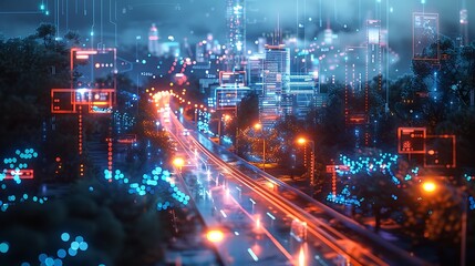 Fototapeta premium An interconnected smart city network showing AI managing water, waste, and environmental quality, with holographic data overlays highlighting system efficiencies.