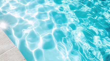 Obraz premium A serene swimming pool with crystal-clear blue water, with sunlight creating soft, wavy shadows on the surface, perfect for a tranquil summer day.