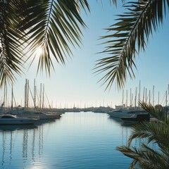 A serene view of a marina framed by swaying palm branches, with boats gently bobbing in the water under a clear blue sky