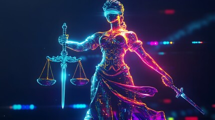 A digital rendering of the Lady Justice statue, rendered in vibrant neon colors with a dark background.  She holds the scales of justice and a sword.