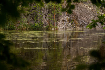 Lake surrounded by rocky cliffs in a forested area