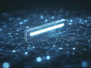 A glowing blue bar rests on a network of interconnected lines and dots, symbolizing digital connection and progress.