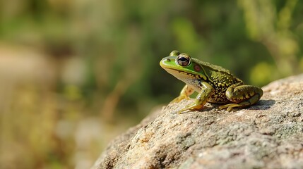 Fototapeta premium A green frog perched on a rustic rock with a blurred background