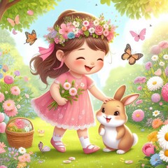 Fototapeta premium Happy little girl with Easter bunny and flowers in whimsical spring illustration
