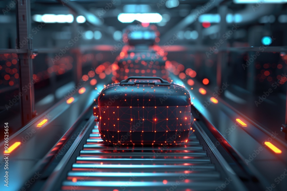 Aufkleber futuristic suitcase with a digital grid pattern on a conveyor belt in a high-tech environment. conce