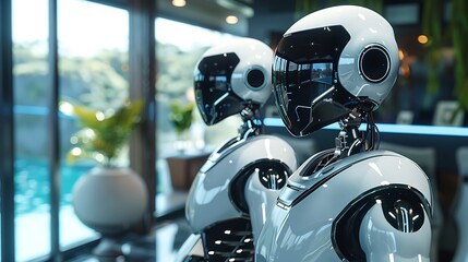 Fototapeta premium Service robots in a smart home environment, performing household tasks like cleaning and cooking, with AI interfaces ensuring seamless operation. Created Using: futuristic home design,