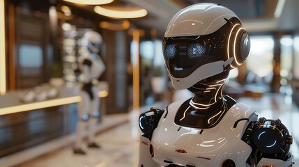 Fototapeta premium Service robots in a smart home environment, performing household tasks like cleaning and cooking, with AI interfaces ensuring seamless operation. Created Using: futuristic home design,